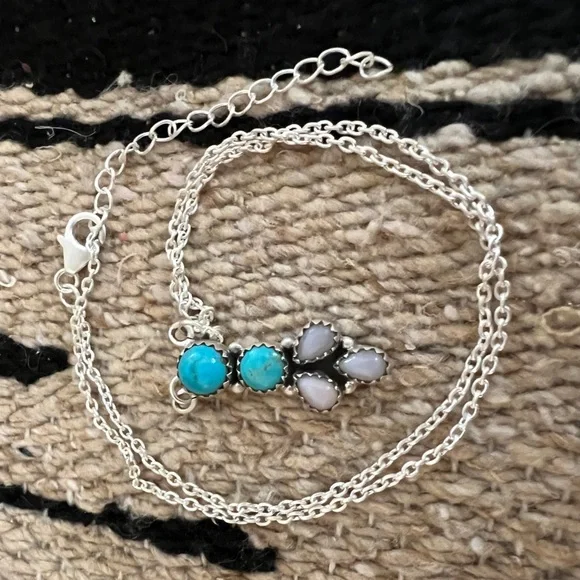 ❤️ Bluebird Turquoise & Pink Opal 925 Southwestern Navajo Necklace 18+2”L 11.4Gm - Picture 8 of 12